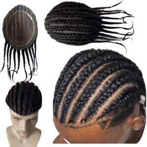 Indian Virgin Human Hair Systems #1B Black Color Cornrow Braids Silk Base Toupee 8×10 Silk Unit for Men