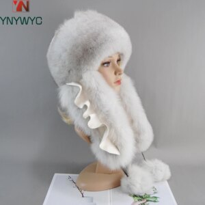 New Style 2025 Bomber Russian Woman Fluffy Trapper Natural Fox Fur Warm Round Ladies Fur Hat Scarf Set Women Winter Ushanka Hats