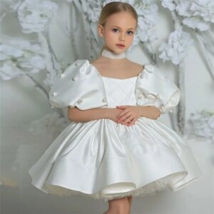 Jill Wish Elegant White Flower Girl Dress Pearls Princess Baby Kids Wedding Birthday First Communion Party Prom Gown 2025 J305