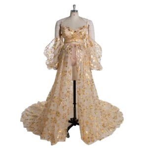 Stunning Gold Maternity Photoshoot Dress Tulle Sweetheart Neck Photography Dress with Long Train Fairy Tale Dress YEWEN YW240525