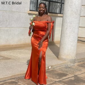 Customize Orange African Bridesmaid Dresses Off The Shoulder Pleated Satin Long Maid Of Honor Gowns Vestido De Festa
