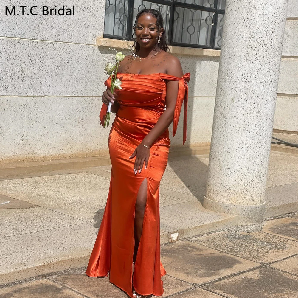 Customize Orange African Bridesmaid Dresses Off The Shoulder Pleated Satin Long Maid Of Honor Gowns Vestido De Festa