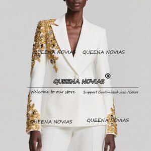 Gold Beaded Pearls Mother Of The Bride Dress For Wedding Guest Customized 2 Pieces Jacket Pants Women Suits Lady Business Gowns