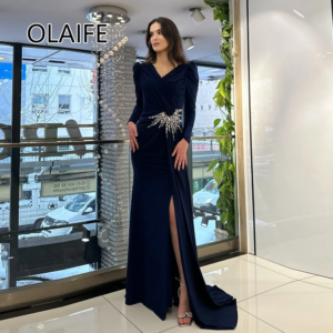 V-neck Velet Sheath Sweep Train Formal Prom Dres with Crystal Long Side Slit Backelss Evening Gown Long Sleeve Customized