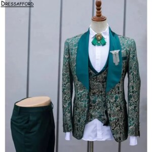 Emerald Green Jacquard Men Business Formal Occasion Tuxedos Grooms Wedding Party Prom Male Suit 3 Piece Set Blazer Vest Pants