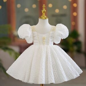 Dreamy Vow Charming Square Collar Flower Girl Dress Short Sleeve Pearls Wedding Birthday Holiday Party First Communion Gown J796