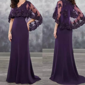 Mother of the Groom Evening Gowns Long Purple Mother of the Bride Dress with Cape Shawl Wrap Sparkly Sequiues Satin Floor-Length