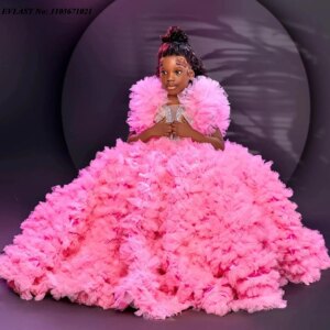 EVLAST Customized Pink Beaded Flower Girl Dress For Wedding Floral Toddler Pageant Gowns Ball Gown Kids Birthday Dress FD05