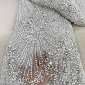 African French Handmade Beaded Lace Fabric High Quality Groom Lace Fabric Nigerian Tulle Sequins Lace Fabric For Wedding Zx