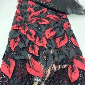 African 3D Flower Sequins Red Lace Fabric African Fabric Lace High Quality 2025 Nigerian Sequence Tulle Lace For Sewing KB4700
