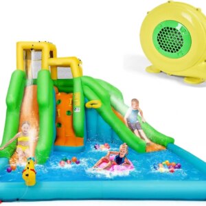 Inflatable Water Slide, 6 in 1 Water Park Waterslide Inflatables with Climbing Wall, 480W Blower, 2 Long Slides, Splash Pool