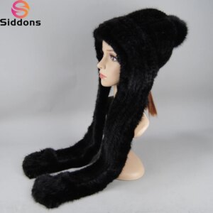 New Style Winter Women Warm Real Mink Fur Hat Knitted Natural Mink Fur Hooded Scarf Good Quality Fashion Genuine Fur Scarf Caps