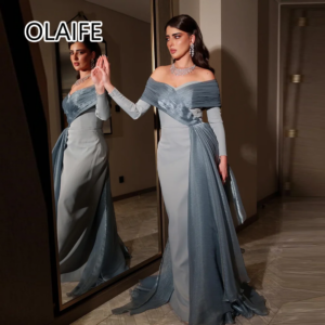 Off-Shoulder Satin Sheath Saudi Arab Bridesmaid Dress Long Sleeve Pleated Women’s Prom Evening Gown with Sweep Train Customized