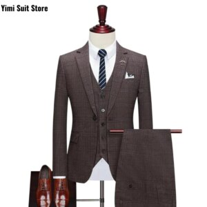 Men Suit Set Plaid 3 Pieces Shawl Lapel One Breasted Suits For Wedding Groom Business Wedding Male Clothing Jacket+Vest+Pant