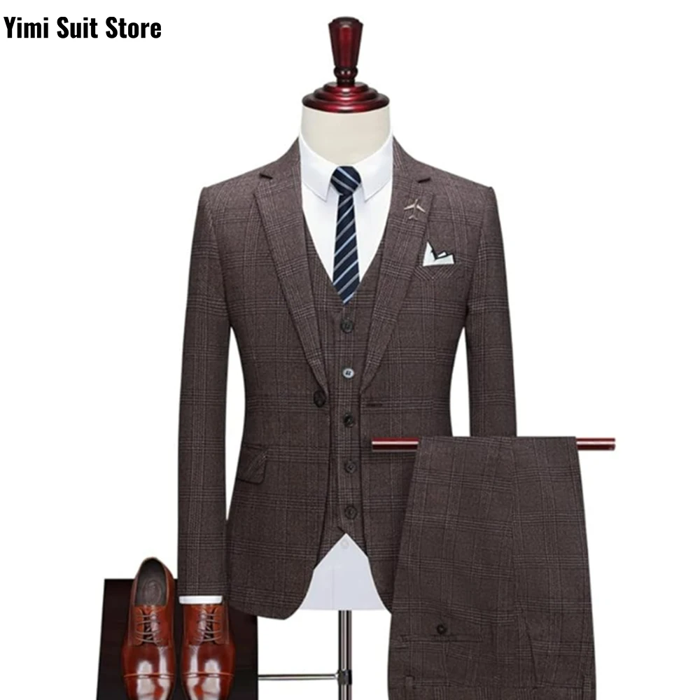 Men Suit Set Plaid 3 Pieces Shawl Lapel One Breasted Suits For Wedding Groom Business Wedding Male Clothing Jacket+Vest+Pant
