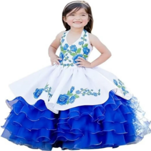 Charro Mexican Flower Girls Dresses Mariachi Folklorico White Blue Birthday Kids Vestio De Novia Mini Quinceañera Customzied