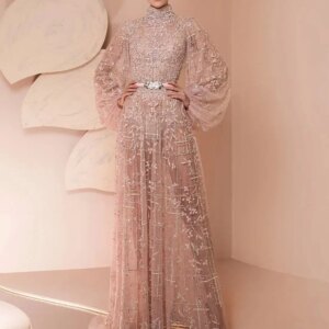 FATAPAESE Customized GlitterNude Bridesmaid Dress Puff Sleeve Fully Beaded Sequins Stones A-line Gown Wedding Engagement Dress