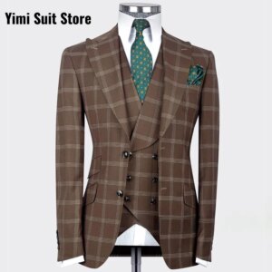 Plaid Fabric Trajes Men Suits 3 Pieces Peaked Lapel Single Breasted Luxury Groom Tuxedo for Weeding Tuxedo Jacket+Vest+Pants
