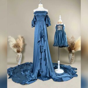 Don&Judy Simulation Silk Girl’s Spaghetti Strap Dress with Headband and Mother’s Stretch Strapless Maternity Photography Prop