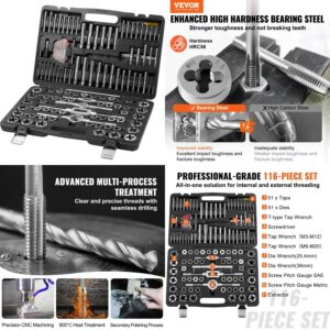 VEVOR Tap and Die Set 116Pie Include Metric and SAE Size Bearing Steel Taps and Dies ential Threading Tool for Cutting External