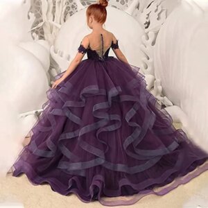 Customized Flower Girl Dresses PurpleTulle Tiered With Tailing Bow Sleeve For Wedding Birthday Party First Communion Gowns