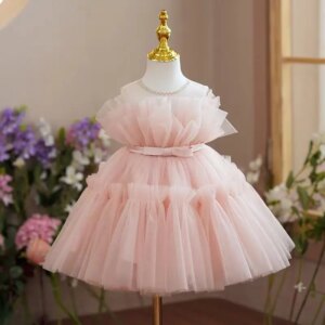 Dreamy Vow Charming Pink Toddler Girl Dress Delicate Ruffled Sleeveless for Kids Spring Summer Wedding Party Princess Gown J711