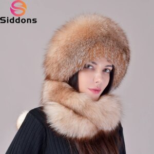 2025 New Women’s Real Fox Fur Hat Scarf Mongolian Bomber Hat Ladies Winter Warm Fox Fur Earflap Caps Russia Winter Real Fur Hat