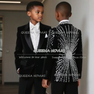 Brilliant Crystals Beaded Velvet Boys Suits For Wedding Customized 3 Pieces Children Birthday Prom Tuxedos Kids Party Clothing