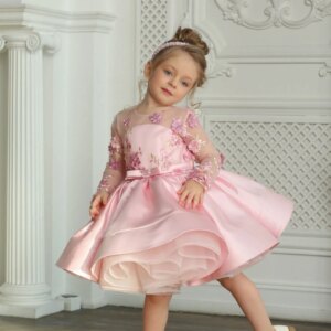 Jill Wish Elegant Pink Girl Bridesmaides Dress 3D Flowers Full Sleeve for Princess Kids Birthday Wedding Party Pageant Gown J177