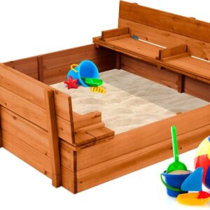 Kids’ Outdoor Wooden Sandbox Large, Cedar Wood with Foldable Bench Seats and Sand Protection, Bottom Liner Included – Brown