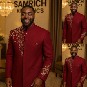 Bespoke 2 Pieces Men Suits Blazer Pants Regular Fit Stand Collar Button Beading Stylish Formal Business Office Suits Customized