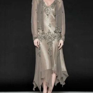 New Two Pieces Mother Of The Bride Dresses With Coat Long Sleeve Tea Length Short Wedding Guest Gowns Plus Size Customized