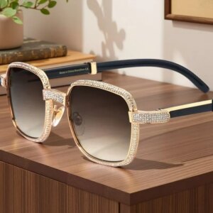 Luxurious Custom White Alloy Diamond Natural Black Leg Optical Frame Square Men’s Sunglasses Fashionable UV400 Women Sunglasses