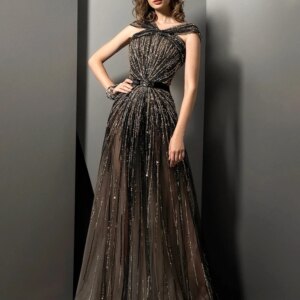 Luxurious Beaded A-line Tulle Long Mother Of The Bride Dress For Wedding Sexy Illusion Evening Dress Customized Shiny Prom Gown