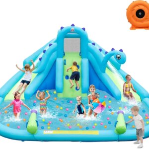Inflatable Water Slide, Dinosaur Water Bounce House Park for Kids and Adults Outdoor, Dual Slides&Splash Pool, with 688w Blower