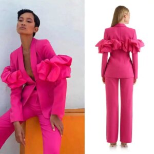 Fashion Show Women Blazer Suits Hot Pink Straight Pants Office Lady Party Prom Guest Wear 2 Pieces Customized