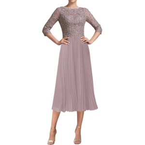 Tea Length Mother of the Bride Dress Beach Elegant Chiffon Lace Appliques Guest Party Gowns Robe De Soiree