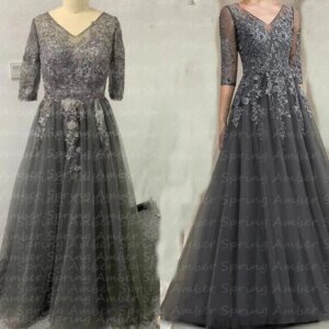 Elegant Grey Lace Mother Of The Birde Dresses Half Long Sleeves V Neck Applique Wedding Groom Mom Gown Met Gala Party Customized