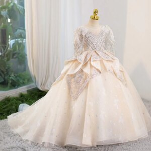 Champagne High Quality Princess Special Occasion Flower Girl Dress Wedding Pary Prom Perform Birthday Baby Child Kid Ball Gown