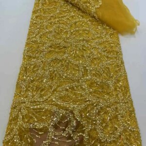 5Y Hot Sale Fashion Africa High Quality Embroidery Beads Net Lace Sequins Gold For Wedding or Party Dress