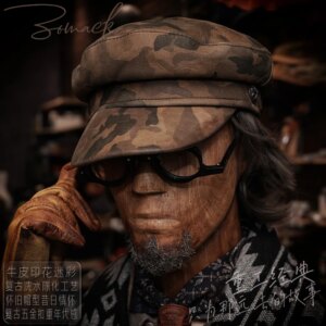 Handmade Trendy Men’s Leather Motorcycle Hat Heavy Industry Camouflage Cowhide Colonel Flat-Top Cap Young Women Peaked