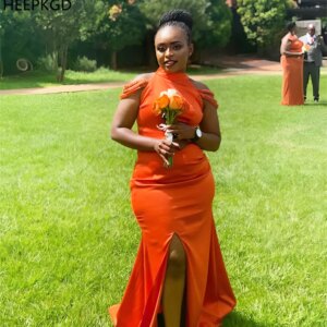 Burnt Orange African Bridesmaid Dresses 2025 High Neck Sequins Straps Shiny Satin Wedding Party Gowns Custom Made