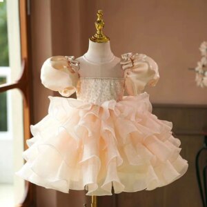 Dreamy Vow Stunning Champagne Girl Dress Bowed for Kids Wedding Birthday Party Holiday Princess Knee Length Ball Gown J740