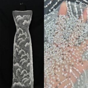 5Yards High Quality African Sequins Tulle Embroidered Groom Lace Fabric Beaded Sequins Lace Fabric For Nigerian Wedding Material