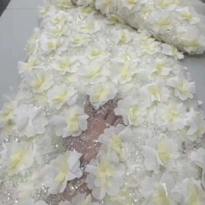 Luxury 3D Flower Lace Fabric Latest Sequins Tulle Lace Fabric Embroidered Applique Nigerian Beads Fabric for Dresses Sewing