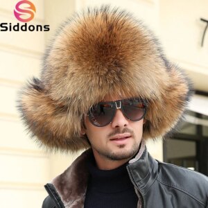 Real Fur 100% Fox Skin Russian Businessmen Pilot Bombers Full Mao Men’s hat Ushanka Winter Ear Guard Hat Raccoon Fur Beanie hat