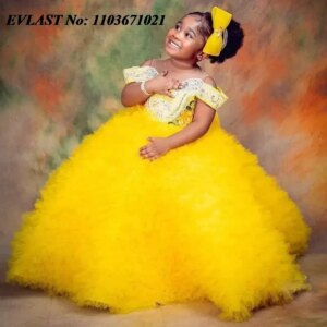 EVLAST Customized Yellow Gold Flower Girl Dress for Weddings Crystal Beaded Ball Gown Kids Ruffles Birthday Party Gowns FD17