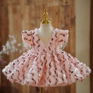 Dreamy Vow Chic Pink Girl Dress for Kids Toddler 1st Birthday Party Holiday Spring Summer Princess Knee Length Ball Gown J452