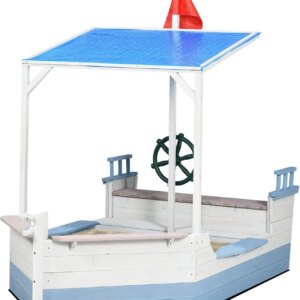 Kids Sandbox with Canopy, Pirate Ship Wooden Sand Boxes with Bench for Backyard, Sand Pit for Toddlers, 83″ x 43″, Blue