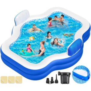 Inflatable Swimming Pool for Kids Adults, 121″ X 90″ X 22″ Kiddie Pools Blow-Up Pool Oversized Thickened Family with Pump Seat,